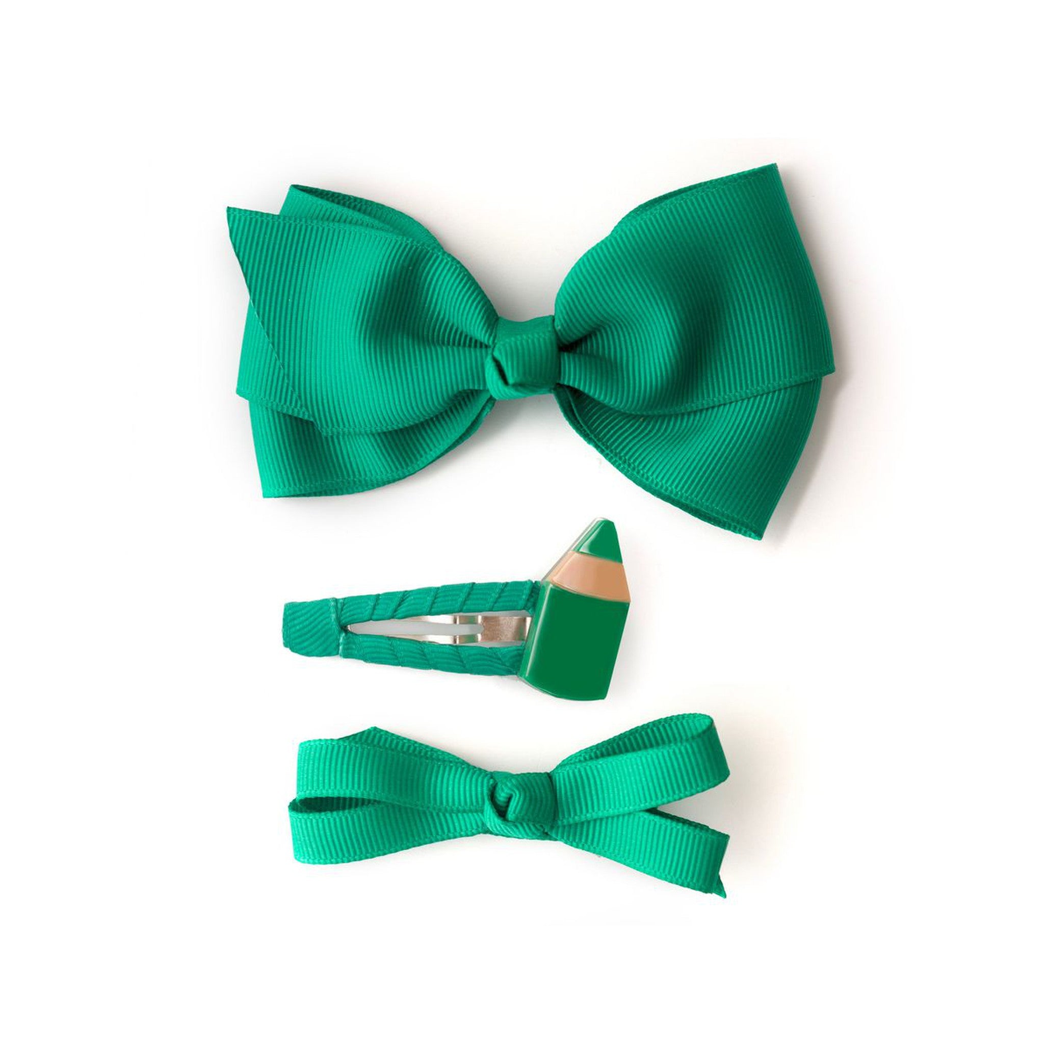 Pencil and Fabric Bows Green Hair Clips Set