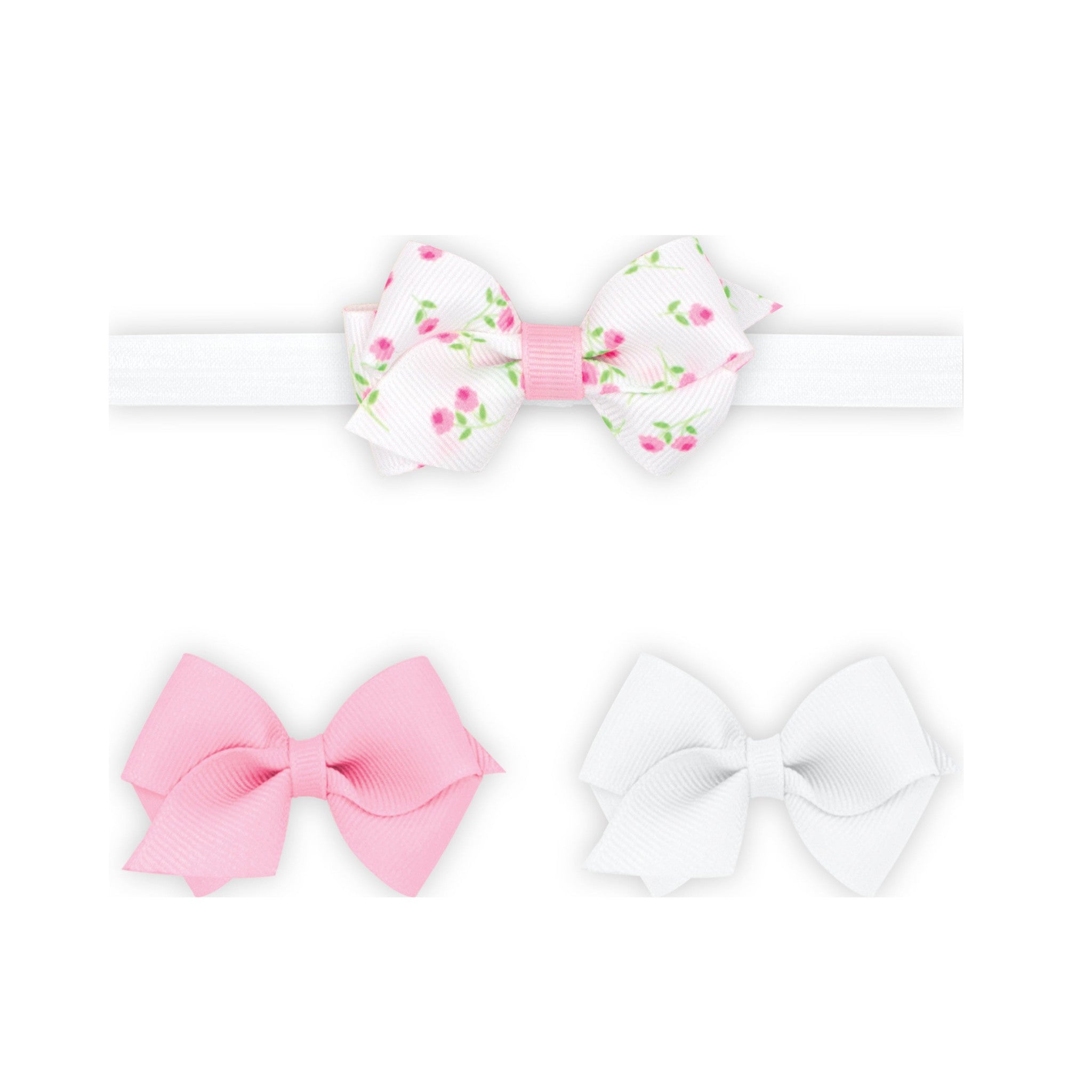 Rose-patterned Printed and Two Solid Wee Grosgrain Hair Bows and One Add-A-Bow Band