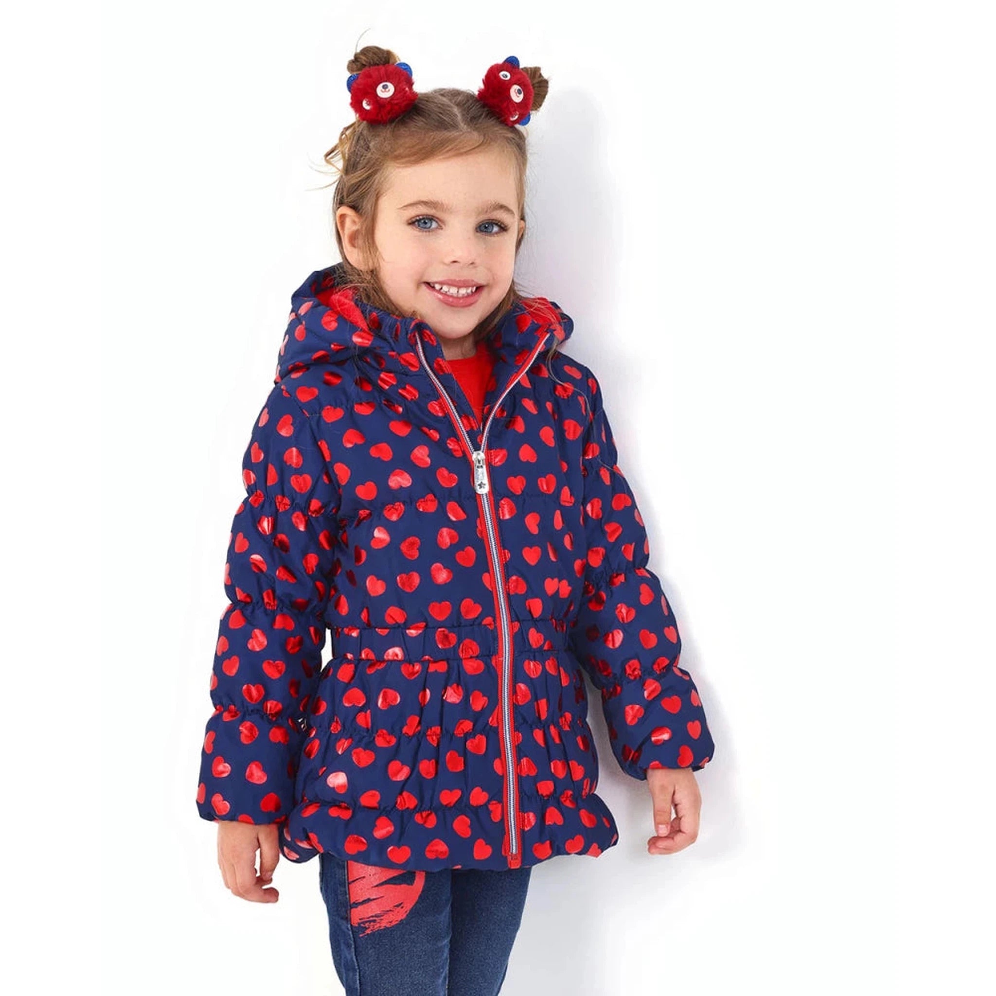 parka for girls in navy blue with heart print